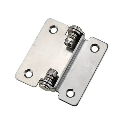 Front view of a 304 stainless steel free-stop hinge, 180° foldable with adjustable torque and four screw holes.