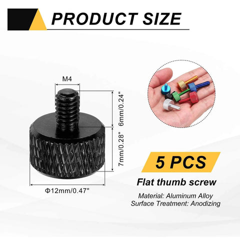 Five Pack M4x6mm Flat Head Knurled Thumb Screws Made From Solid Aluminum Alloy Fully Threaded Bolts Fasteners For PC Cases Graphics Cards And Hard Drives Black Finish DIY Friendly And Easy Hand Tightening, close-up of single screw with dimensions.