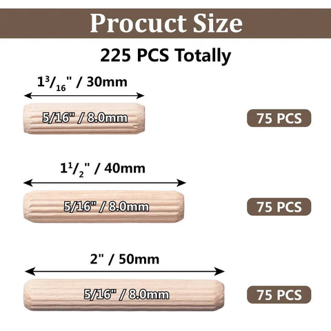 Three sizes of Five Sixteenths Inch Wood Dowel Pins Set with 225 Pieces Kiln Dried Hardwood Fluted Beveled Dowels for woodworking.