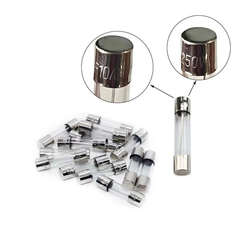 Close-up of 5x20mm glass fuses from Inline Screw Type 16 AWG Fuse Holder Kit With 10 Pieces And 100 Pieces For Automotive Projects.