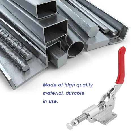 Heavy Duty Toggle Clamp Hold Down Quick Fixing Adjustable Horizontal Clamp For Woodworking Jigs And Fixtures Perfect For Welding Drill Press Crosscut Sled GH36010 next to metal bars.