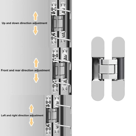 2 Pack Hidden Door Hinges 7 Inch Heavy Duty 180 Degree Swing 3D Concealed Cross Hinge Zinc Alloy Silver 88 Lb Load Bearing