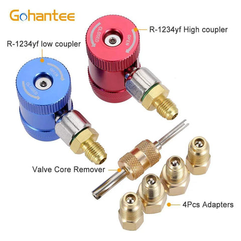 Pro Grade R1234yf Quick Coupler Adapters for AC Diagnostics and Charging, high/low side, brass, valve core remover, four adapters