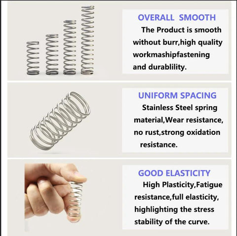 Stainless steel compression springs assortment in multiple sizes; close-up coils and a hand holding a small spring