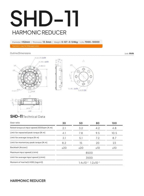 Technical diagram of SHD-11 Harmonic Reducer showing dimensions for Compact Hollow Nema 14 17 Servo Motor Speed Reducer with 52mm Gearbox.