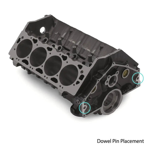 Chevy V8 engine block showing Bellhousing Alignment Dowel Pins Replacement for Chevy Small Block and Big Block V8 Engines.