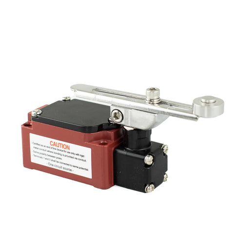 Adjustable roller limit switch with 1NO+1NC contacts, red housing and black base, metal roller lever, Amazon BISS.