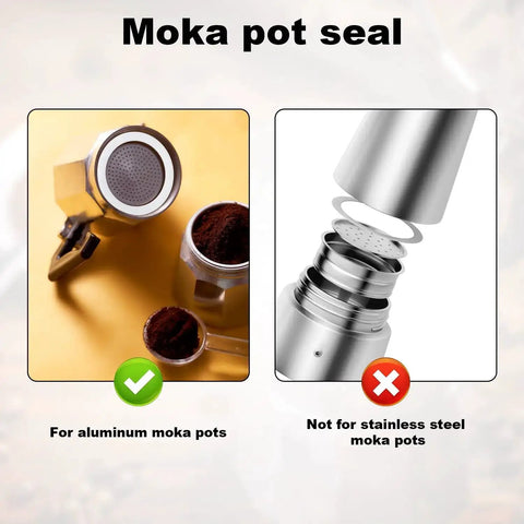 Eight White Silicone Moka Pot Gasket Seal Rings Set For Dama, Venus, Musa, Kitty 6 Cup Models, 7.1 Cm Diameter, Replacement Parts, Easy Install, Durable Espresso Pot Seals, illustrating suitability for aluminum moka pots.