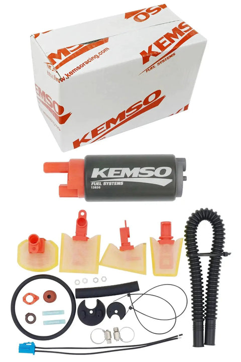 Beefed Up High Flow Intank Fuel Pump Upgrade For Street Bikes, 200LPH, with accessories and Kemso branded packaging