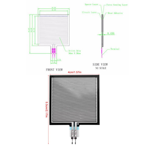 S40 ST Kraftsensor pressure sensor pad, 36x36 mm active area, film-type with two-pin connector; front and side views.