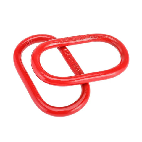 Oblong Master Link Hoist Ring Five Eighth Inch Grade 80 Steel 2 Pack Red 6600lb, side view showing two red rings.