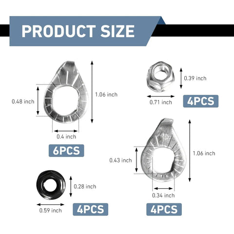 Anti Drop Bike Axle Nuts and Safety Washers Kit size measurements of metal components for front and rear wheels.