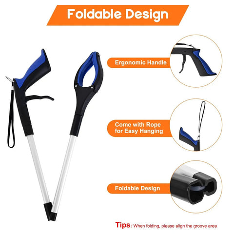 34 Inch Folding Grabber Reacher Tool Set, 2 pack with ergonomic handle, 360 degree rotating jaw, and magnets, foldable design