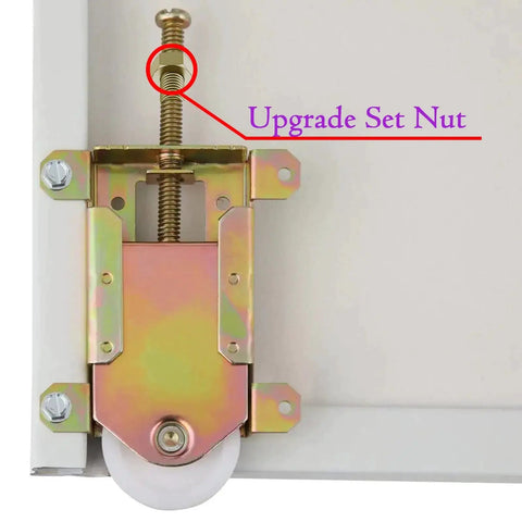 Close-up of Sliding Mirror Door Rollers Assembly For Closet Doors With 1-1/2 Inch Nylon Concave Wheels, Top Adjustable, Yellow Zinc Plated