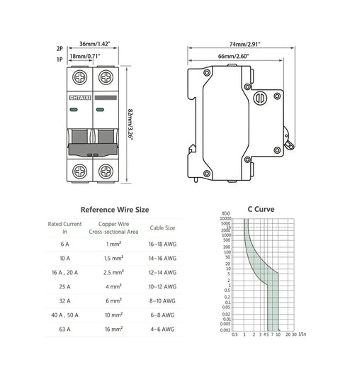Diagram of 32 Amp AC Miniature Circuit Breaker 2 Pole DIN Rail Mount Thermal Magnetic Trip Switch For Solar Or Home AC Systems 120 240V C Curve MCB 63 Amp Heavy Duty Overload And Short Circuit Protection with measurements.