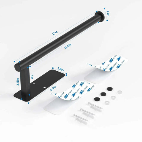 No Drill Under Cabinet Paper Towel Holder With Self Adhesive Wall Mount, black stainless steel, includes mounting hardware and adhesive strips.