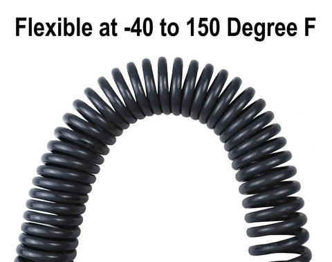Close-up of a coiled black Durable Polyurethane Recoil Air Hose 1/4 Inch Inner Diameter 25 Foot Long with temperature flexibility text.