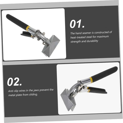 3 Inch Manual Sheet Metal Bender Tool With Straight Jaw Edge Seamer for flattening and roofing, heat-treated steel handle, shown in two views