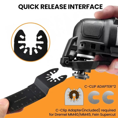 Oscillating tool with quick release interface, part of a 158 Pack Oscillating Tool Blades Set With Sandpaper for Wood Metal Plastic Bi Metal Multitool Blades Kit With Quick Release Fit For DeWalt Ryobi Makita Rockwell Includes 10 Blade Types and Sanding Pads.