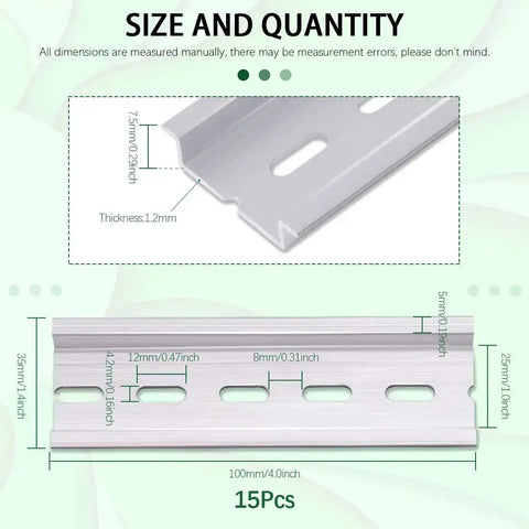 Image showing size details of 15 Pieces Slotted Aluminum DIN Rails, 4 Inch Long, 35mm Wide, 7.5mm High, DIY Friendly For Electrical Panels