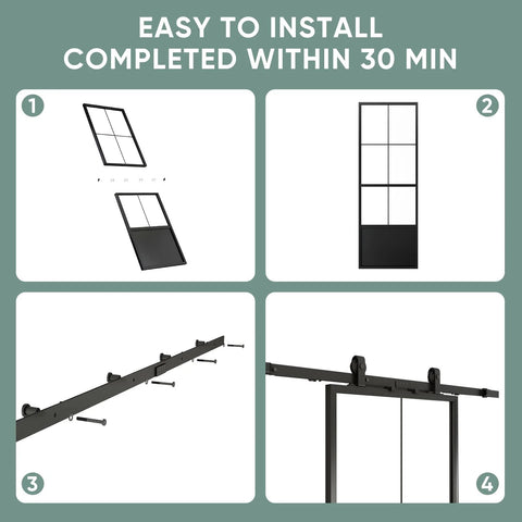 Step-by-step assembly of 30 Inch By 84 Inch Frosted Tempered Glass Sliding Barn Door With Pre Drilled Carbon Steel Frame Includes 5ft Hardware Kit And Soft Close Mechanism No Fuss Easy DIY Install Space Saving Modern Door Panel For Homes And Apartments.