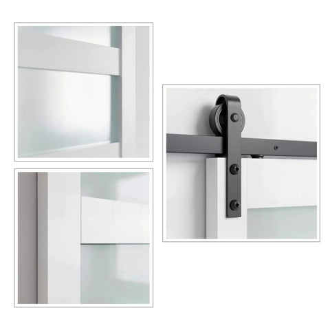 Close-up of Frosted Glass Sliding Barn Door With Five Lite Panels Six Foot Hardware Kit And Handle Included Solid Wood Core