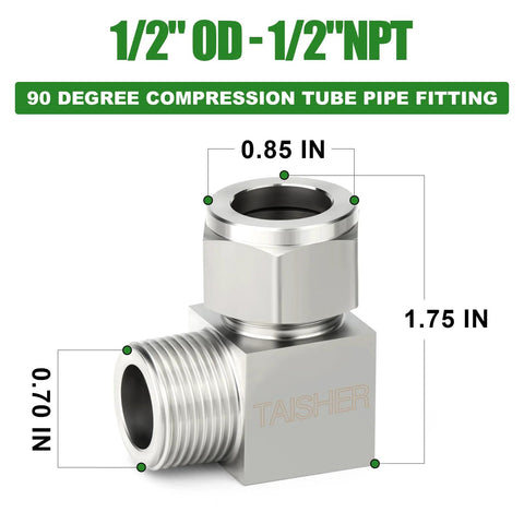 TAISHER 2-pack stainless steel square 90-degree compression tube fitting; 1/2 in tube OD x 1/2 in NPT male, side view