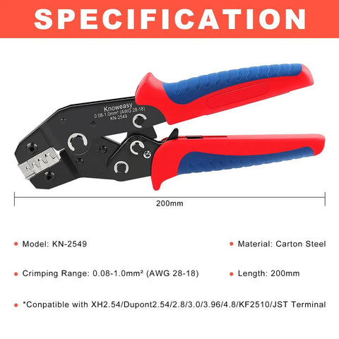 Versatile Precision Crimp Tool KN-2549 Pro Grade With Automatic Release For JST Molex Dupont Terminals, Ergonomic Ratcheting Wire Crimp Tool