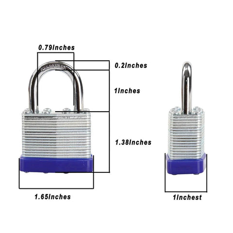 Two Trinity Keyed-Alike Padlocks Outdoor Heavy Duty Laminated Steel Body 1-9/16 Inch Shackle with dimensions shown.