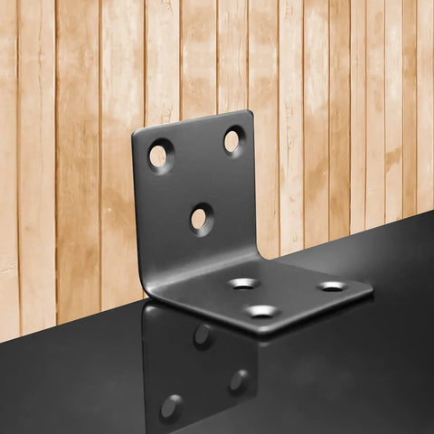 Black stainless steel L bracket, 1.5 inch, with 6 holes, against wooden background, part of Twenty Pack One And A Half Inch Black Stainless Steel L Brackets
