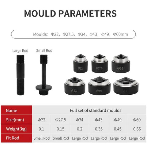 Diagram showing mould parameters with six dies for 10 Ton Hydraulic Knockout Punch Kit With 6 Dies Electrical Conduit Hole Cutter Set KO Tool Kit.