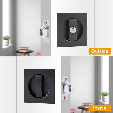 Black Privacy Pocket Door Lock With Keys Hidden Recessed Square Barn Door Latch For 1 3/8 To 2 3/16 Inch Thick Doors Zinc Alloy
