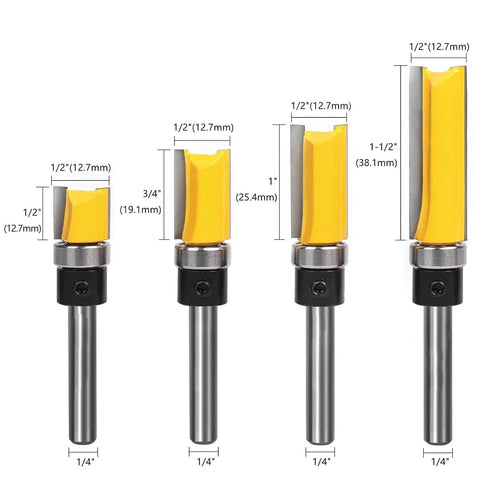 Flush Trim Router Bit Set With Top Bearing Four Piece Kit One Quarter Inch Shank Cutting Lengths Half Inch Three Quarter Inch One Inch And One Half Inch Template Guide For Woodworking Milling Cutter Tool For Plywood Hardwood Softwood, showing four router bits with measurements.