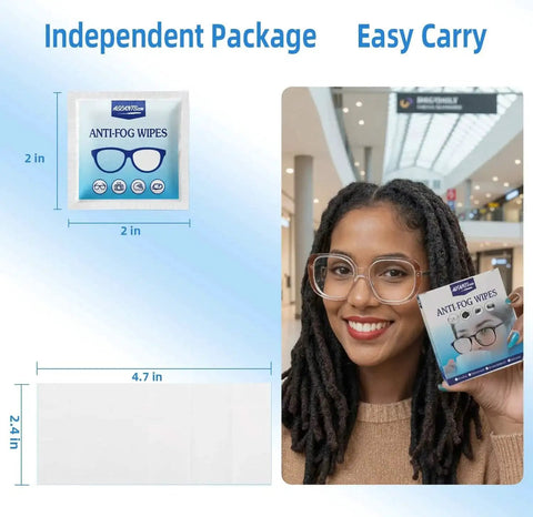 Anti Fog Wipes For Glasses And Lenses 100 Pack Pre Moistened Quick Dry packaging and person holding pack.