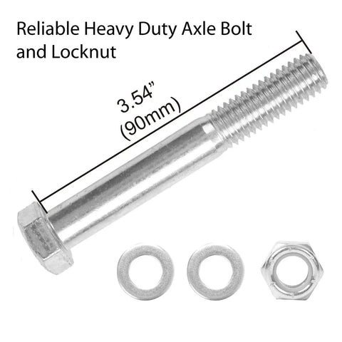 Reliable heavy duty 3.54-inch axle bolt with washers and locknut shown on white background.