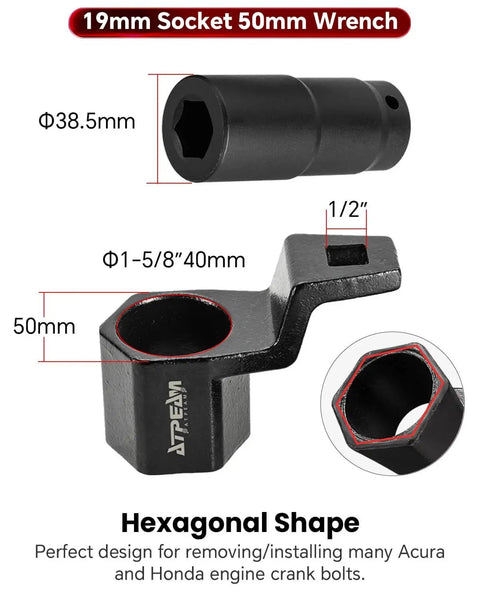 Crank Arm Removal Tool Set For One Half Inch Drive Compatible With Honda And Acura Engines With 19mm Harmonic Balancer Socket And 50mm Pulley Wrench Pro Grade Heavy Duty Alloy Steel Construction Anti Corrosion Finish; displays 19mm socket and 50mm pulley wrench dimensions.
