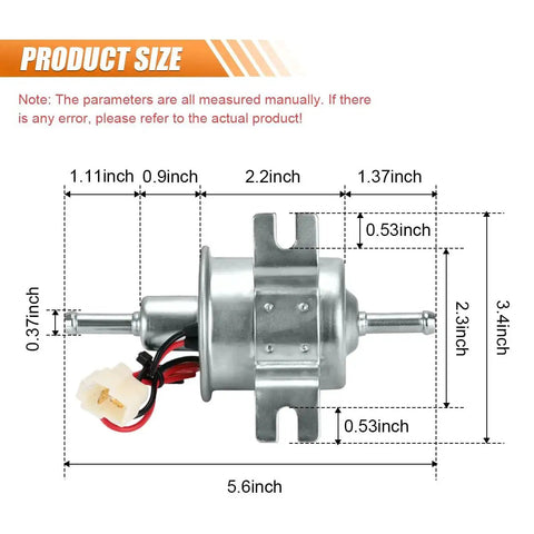 Dimensions of 12 Volt Inline Fuel Pump For Gas And Diesel Engines, 3 To 6 PSI, 80 To 100 Liters Per Hour, with wiring and connectors.