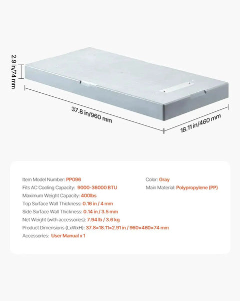Sturdy Outdoor Mini Split Pad for 9000 to 36000 BTU ductless AC, dimensions 38x18x3 inches, lightweight polypropylene, corrosion resistant