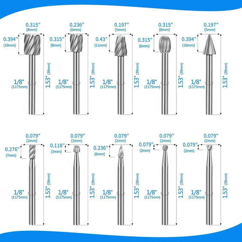 Pro Grade Twenty Piece Wood Engraving Router Bit Set With One Eighth Inch Shank Three Millimeter Burrs HSS High Speed Steel Durable Rotary Tool Accessories For DIY Woodworking Carving And Engraving Includes Multiple Shapes For Precise Detailing Bevels shown in assorted shapes and sizes with measurements