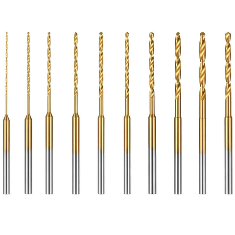 10 Pack Mini Twist Drill Bit Set 0.6mm To 2.2mm Titanium Coated High Speed Steel Micro Drill Bits For DIY Wood Bead Jewelry Making Great For Precision Holes In Small Craft Projects Lubrication Recommended Before Use displayed in a row