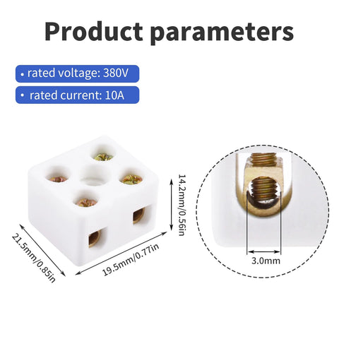White ceramic 2-way 5-hole terminal block, 3 mm pitch, 10A, 380V, 21.5×19.5×14.2 mm