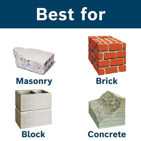 Tile Chisel For SDS Plus Hammer Quick Tile And Grout Removal With Flat Spade Design And Self Sharpening Edge Pro Grade Prying Tiles In One Piece Bosch Bulldog Xtreme Hammer Steel illustration showing suitability for masonry, brick, block, concrete.