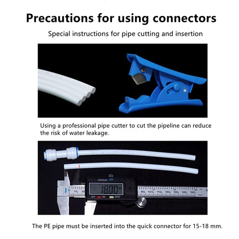 Water pipe stem elbow connector for 1/4" tubing; plastic push-to-connect 90° fitting with white tubing and blue pipe cutter, pack of 10.