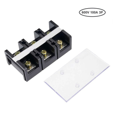 Dual Row 3 Position Wire Barrier Block Terminal Strip 600V 100A with removable clear insulating cover, front view