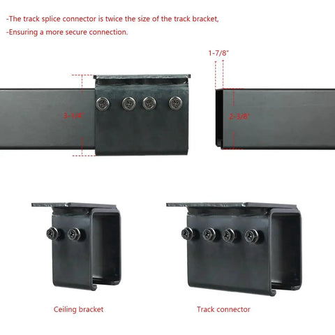 Close-up of 12Ft Black Sliding Barn Door Hardware Kit track connector and ceiling bracket, exterior box track view.