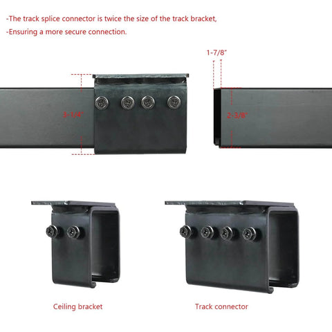 Outdoor Ceiling Mount Double Sliding Barn Door Hardware Kit 16 Feet Heavy Duty Box Track For Exterior Use Fits 2 By 48 Inch Doors Max Load 300 Lbs Hardware Only No Door - Ceiling bracket and track connector close-up