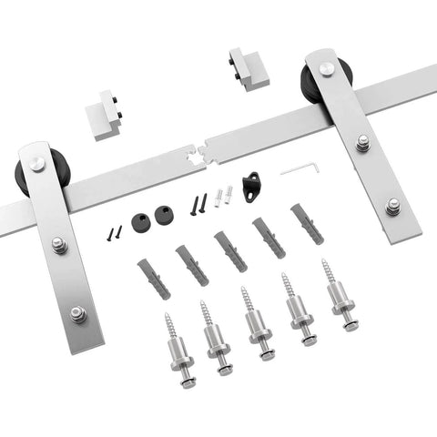 Brushed Nickel Sliding Barn Door Hardware Kit With 6.6-Foot Rail For 36-40 Inch Doors, showing rails, hangers, and screws.