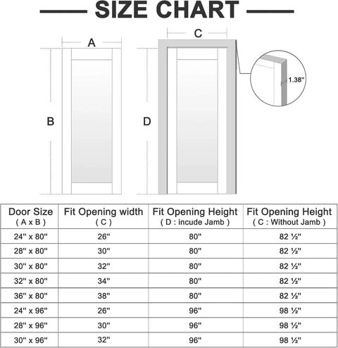 Size chart for slab doors including 28x80 measurements, highlighting fit opening widths and heights with and without jamb.