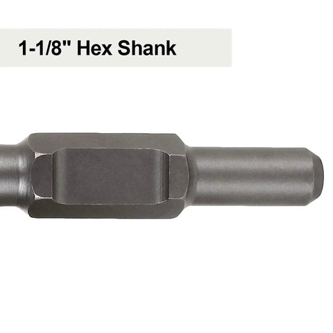 1-1/8 inch hex shank of Jack Hammer Drill Bit Set 16 Inch Four Pack For Demolition And Concrete Breaking With Flat Tip And Bull Point Chisels