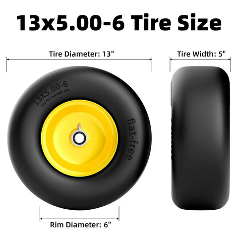 2 Pack Flat Free Tire And Wheel Set For Lawn Mower, 13x5.00-6 Front Tires For Zero Turn Mowers, Solid Polyurethane, Yellow Hub